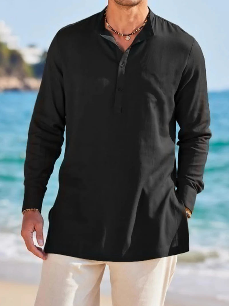 Men's Cotton Henley Shirts Long Sleeve Button T-Shirts Beach Shirts Business Casual shirt Solid color stand collar streetwear