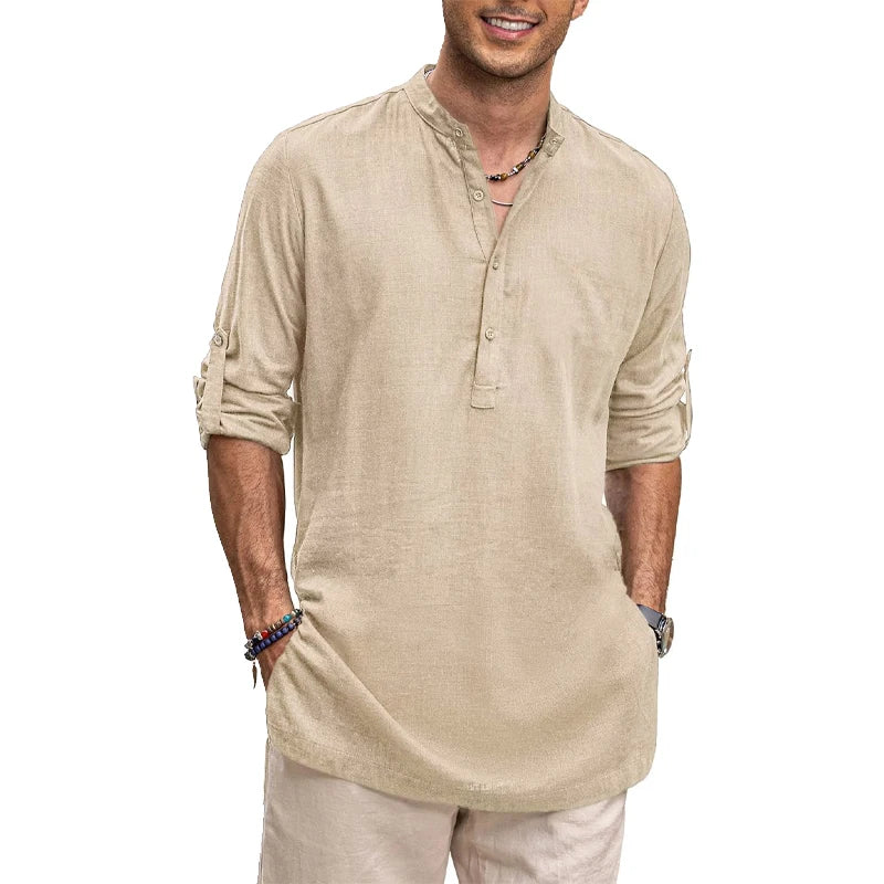 Men's Cotton Henley Shirts Long Sleeve Button T-Shirts Beach Shirts Business Casual shirt Solid color stand collar streetwear