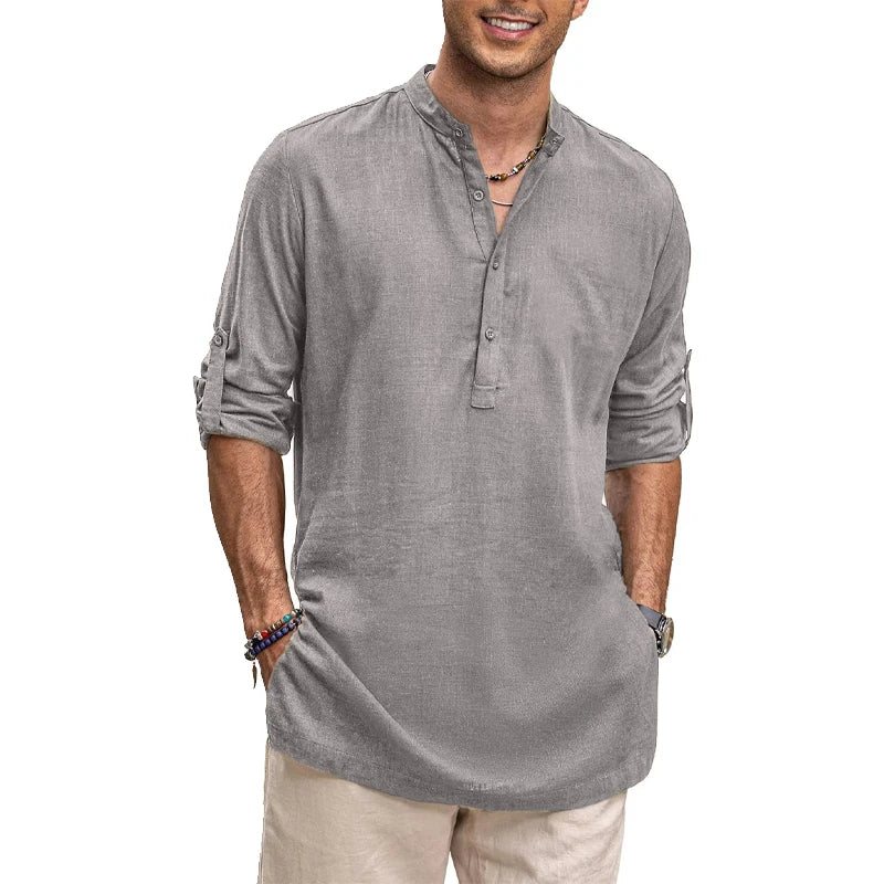 Men's Cotton Henley Shirts Long Sleeve Button T-Shirts Beach Shirts Business Casual shirt Solid color stand collar streetwear