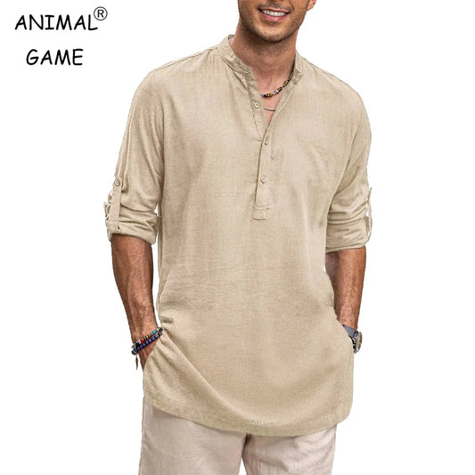 Men's Cotton Henley Shirts Long Sleeve Button T-Shirts Beach Shirts Business Casual shirt Solid color stand collar streetwear