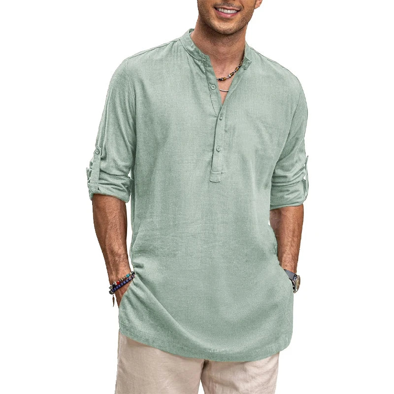 Men's Cotton Henley Shirts Long Sleeve Button T-Shirts Beach Shirts Business Casual shirt Solid color stand collar streetwear