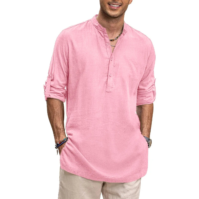 Men's Cotton Henley Shirts Long Sleeve Button T-Shirts Beach Shirts Business Casual shirt Solid color stand collar streetwear