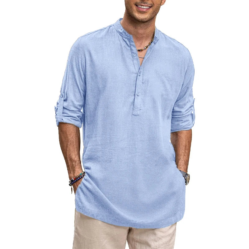 Men's Cotton Henley Shirts Long Sleeve Button T-Shirts Beach Shirts Business Casual shirt Solid color stand collar streetwear