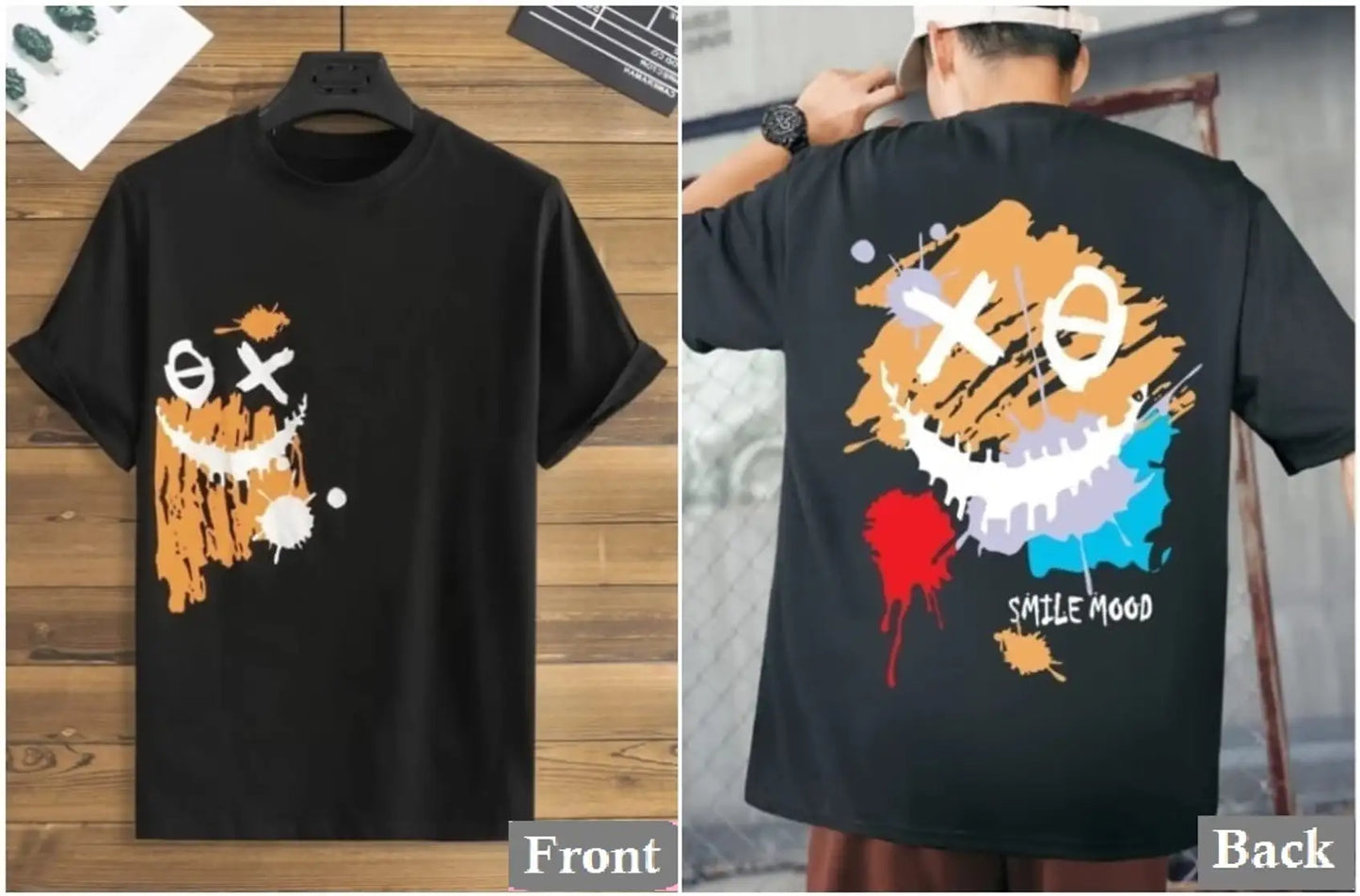 Black T-Shirt with SMILE MOOD Print – Regular Fit, Cotton-Blend, Half Sleeve